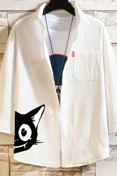 Boyish Shirt Cat Print Button up 3/4 Sleeve Turn-down Collar Loose Shirt for Men