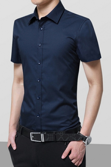 Business Men's Shirt Solid Color Short Sleeves Turn down Collar Button-up Fitted Shirt