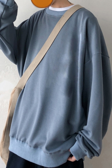 Casual Men's Sweatshirt Pure Color Long Sleeves Crew Neck Loose Fitted Sweatshirt