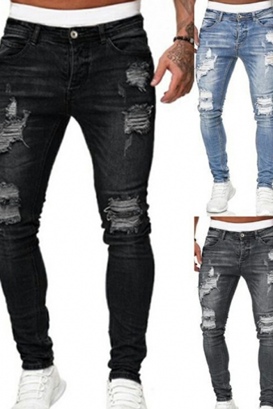Casual Mens Jeans Mid Rise Pockets Distressed Zip Fly Full Length Skinny Jeans