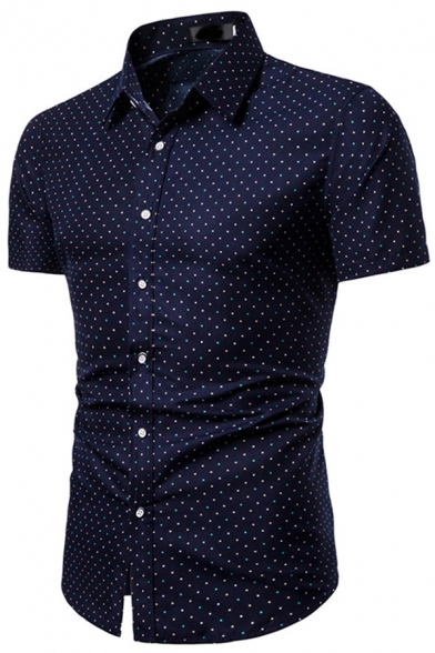 Chic Mens Shirt Polka Dot Printed Short Sleeve Turn Down Collar Button Up Slim Shirt in Navy