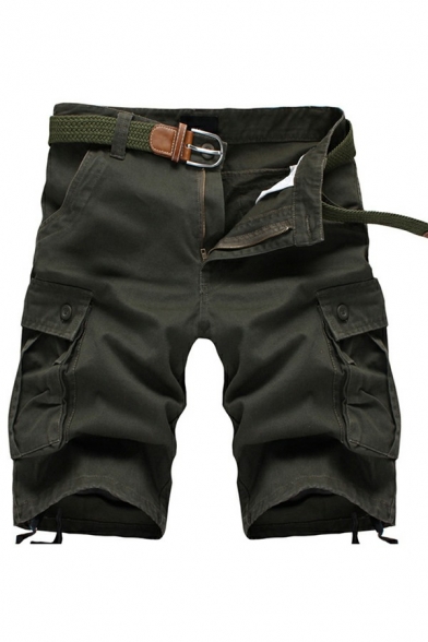 Classic Cargo Shorts Pure Color Zip-Fly Flap Pockets Mid Rise Knee Length Slim Shorts for Men