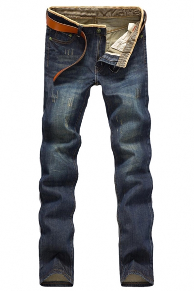 Classic Men's Jeans Pure Color Mid-Rise Zip Closure Straight-Leg Long Jeans