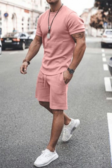 Comfy Mens Set Pure Color Crew Collar Short Sleeve T-Shirt & Straight Shorts Relaxed Co-ords