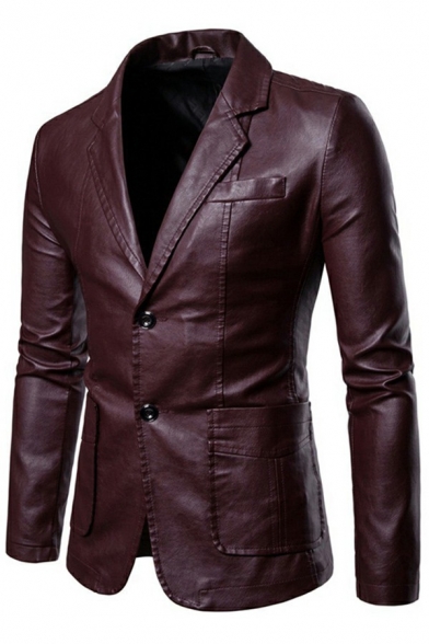 Cool Guys Jacket Pure Color Notched Collar Long Sleeve Welt Back Pockets Single Breasted Fitted Leather Jacket