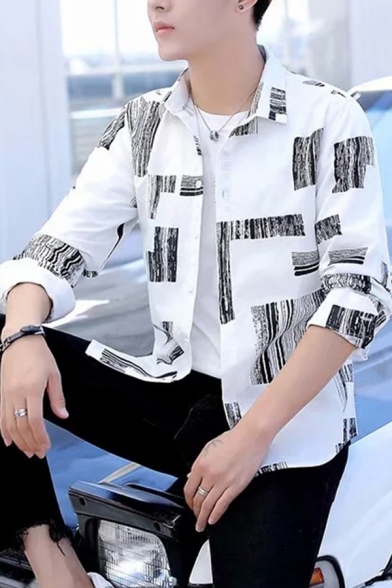 Creative Men's Shirt Geometric Printed Long Sleeve Point Collar Button Loose Fitted Shirt Top