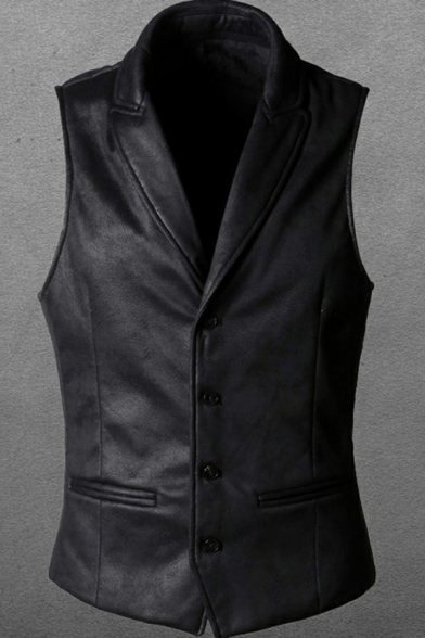 Dashing Mens Vest Solid Color Pocket Detail Notched Collar Button Closure Slim Vest