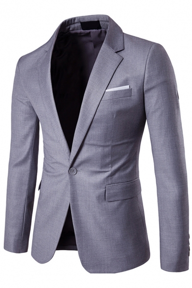 Elegant Suit Jacket Solid Color Pocket Detail Single Button Long Sleeve Notched Collar Slim-Cut Suit for Men