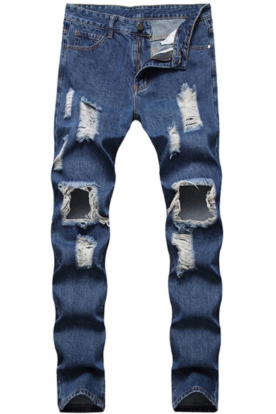 Fashionable Men's Jeans Plain Distressed Bleach Mid Rise Long Length Skinny Jeans
