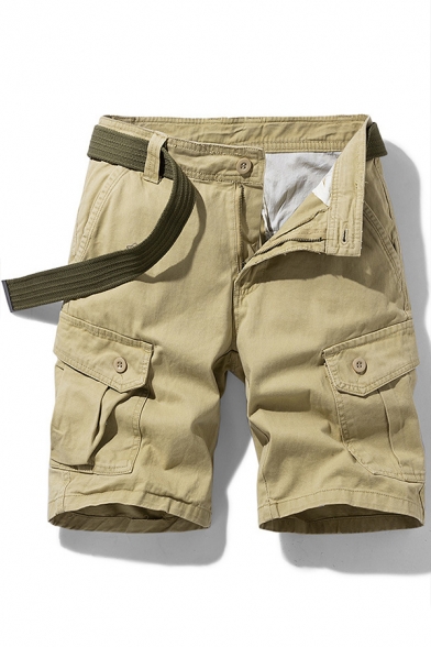Leisure Shorts Flap Pockets Mid Rise Solid Color Zip Closure Cargo Shorts for Men