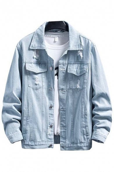 Men Casual Denim Jacket Plain Distressed Long-Sleeved Lapel Button up Regular Fit Jacket in Light Blue