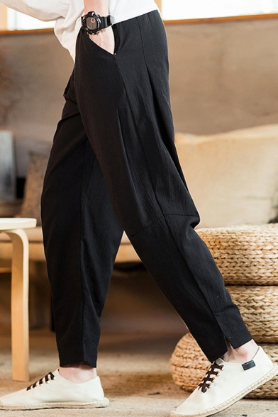 Men Casual Harem Pants Pure Color Mid-Rise Drawstring Full Length Tapered Pants