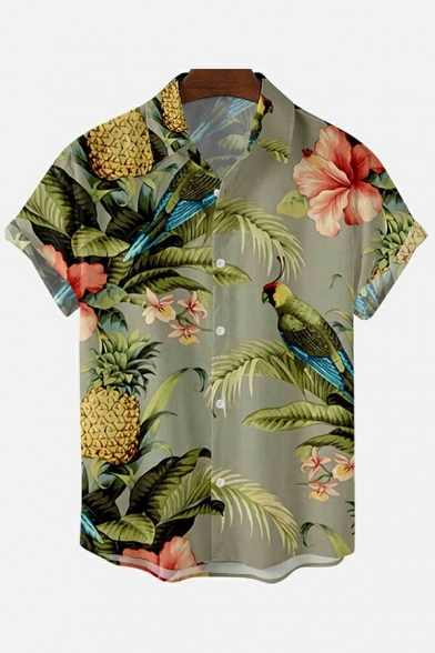 Men Casual Shirt Tropical Plant Leaf Print Turn Down Collar Button Closure Short-sleeved Loose Shirt