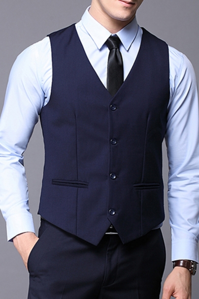 Men Fancy Suit Vest Plain Pocket Detailed V-Neck Single Breasted Slim Fit Suit Vest