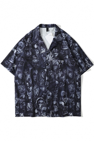 Men Leisure Shirt Comic Figure Patterned Short Sleeve Spread Collar Button Closure Relaxed Fit Shirt