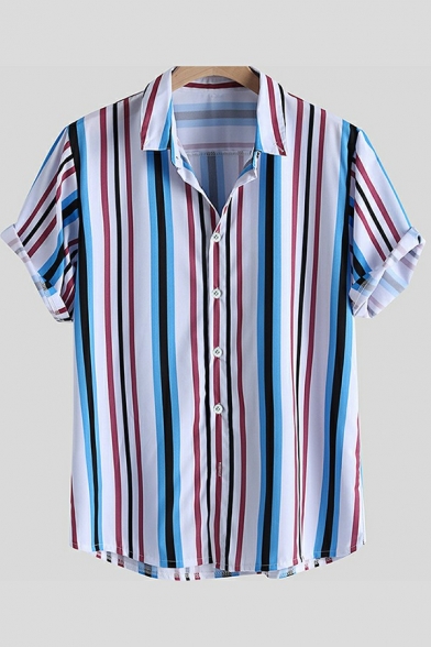 Men Leisure Shirt Striped Print Turn-down Collar Button Closure Short Sleeve Regular Fitted Shirt