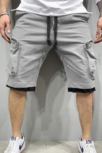 Men's Popular Cargo Shorts Zipper Pockets Patchwork Drawstring Rise Straight Shorts