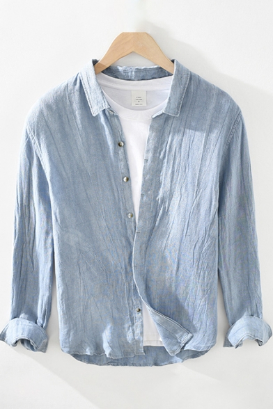 Men Simple Shirt Linen Plain Button Detailed Long Sleeves Turn-down Collar Regular Shirt