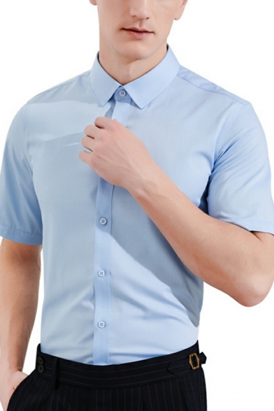 Men Simple Shirt Plain Lapel Collar Button Closure Short Sleeves Slim Shirt