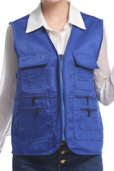 Mens Simple Vest Solid Color V-Neck Zipper Fly Pocket Detailed Regular Fit Vest
