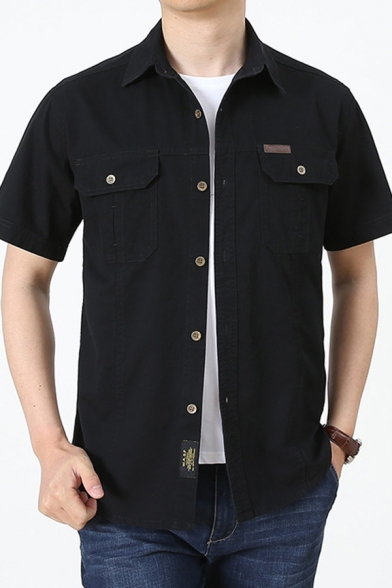 Modern Man's Shirt Plain Button-down Flap Front Pockets Short-sleeved Lapel Regular Shirt