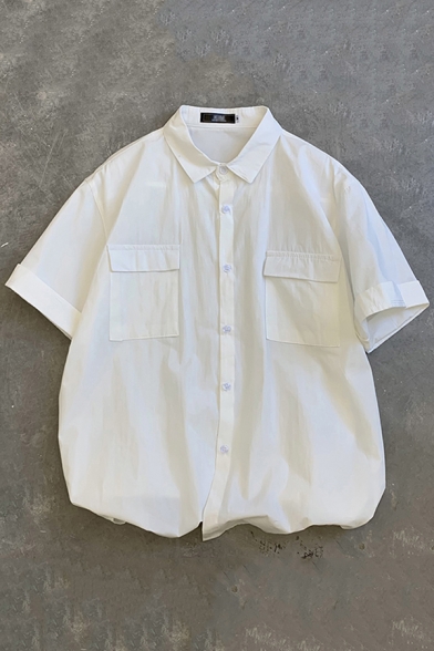 Modern Shirt Plain Button Detailed Turn-down Collar Double Flap Pocket Short Sleeves Regular Shirt for Men
