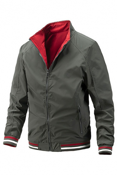 Popular Jacket Pure Color Stripe Ribbed Trim Zip-Fly Stand Collar Long Sleeves Fitted Jacket for Men