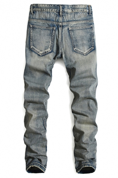 Retro Men's Jeans Bleach Distressed Mid Rise Long Length Slim Fitted Jeans in Blue