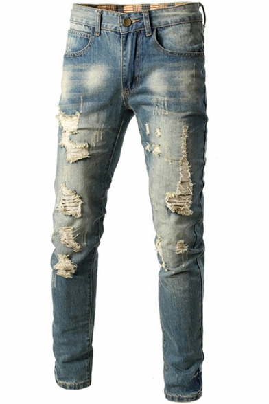 Retro Men's Jeans Destroyed Design Zip-Fly Light Washing Effect Skinny Jeans