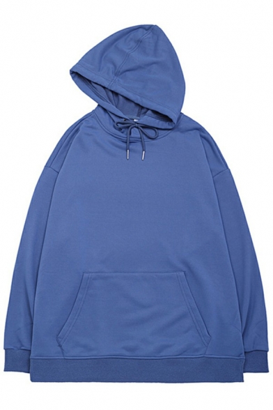 Simple Men's Hooded Sweatshirt Solid Color Long Sleeve Drawstring Loose Fitted Hooded Sweatshirt
