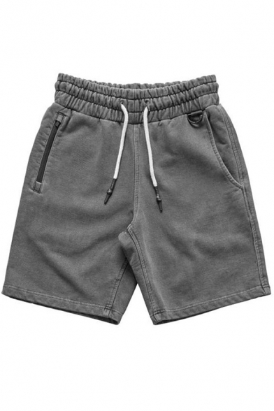 Simple Sweat Shorts Solid Color Drawstring Waist Mid Rise Knee-Length Loose Shorts for Men