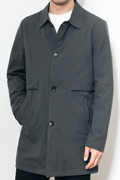Simple Trench Coat Plain Long Sleeve Turn-Down Collar Welt Pockets Single Breasted Straight Fit Trench Coat