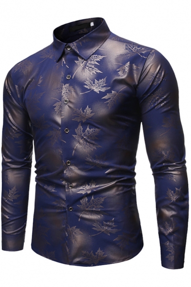 Stylish Mens Shirt All over Leaf Print Hot Stamping Long Sleeve Point Collar Button-down Fit Shirt