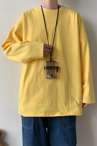 Stylish Sweatshirt Solid Color Long Sleeve Crew Neck Pullover Loose Sweatshirt for Men