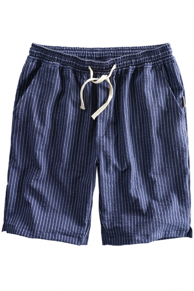 Casual Men's Shorts Stripe Pattern Pocket Detail Drawstrings Straight Leg Shorts