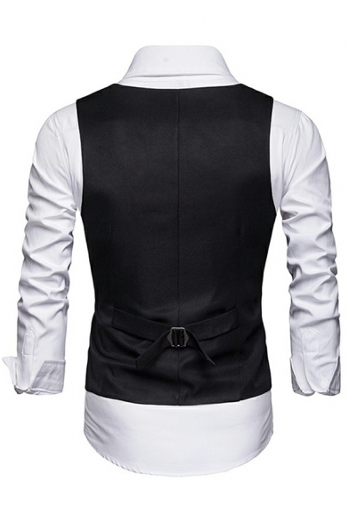 Casual Plain Mens Suit Vest Belt Back Sleeveless Single Breasted V-Neck Slim Cut Suit Vest