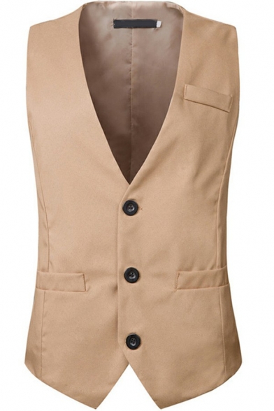 Casual Solid Color Mens Suit Vest V-Neck Sleeveless Single Breasted Slim Fit Suit Vest