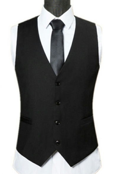 Classic Black Vest Solid Color Button Closure V Neck Pockets Sleeveless Slim Fitted Vest for Men