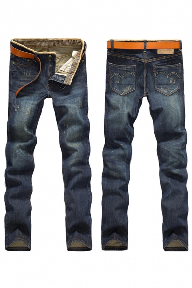 Classic Men's Jeans Pure Color Mid-Rise Zip Closure Straight-Leg Long Jeans