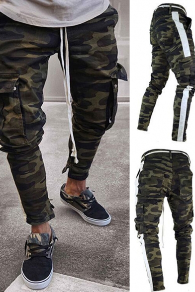 Cool Men's Jeans Camouflage Print Patchwork Flap Pockets Zip Closure Full Length Tapered Jeans