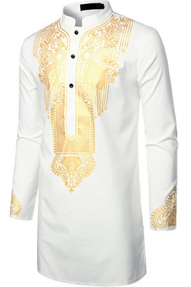 Ethnic Style Shirt Totem Pattern Hot Stamping Button-down Long Sleeve Stand Collar Fitted Shirt for Men