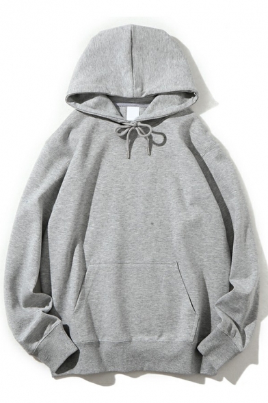Guys Casual Hoodie Plain Long-Sleeved Drawcord Front Pocket Relaxed Hoodie
