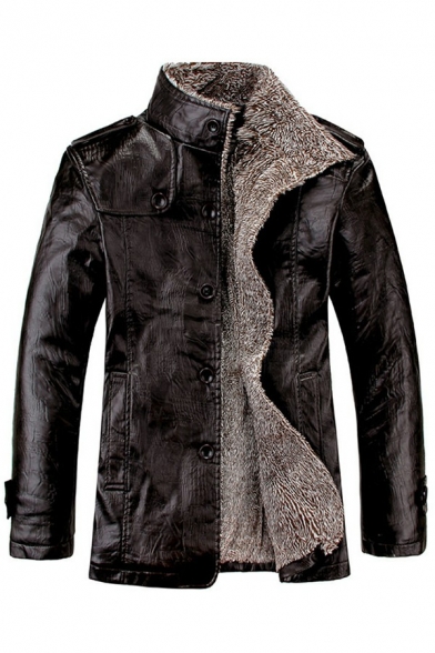 Guys Fashion Leather Jacket Single Breasted Stand Collar Long Sleeve Fit PU Jacket