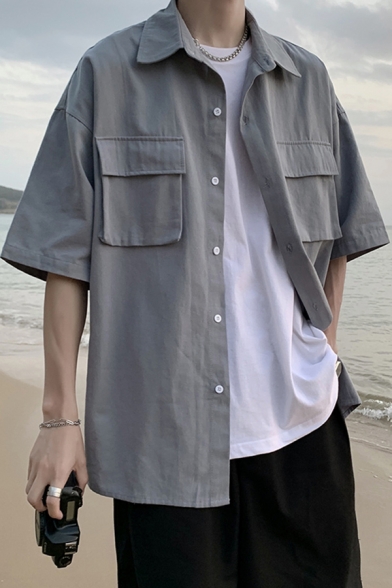 Korean Style Mens Shirt Solid Color Chest Pockets Half Sleeve Spread Collar Button Up Relaxed Shirt Top