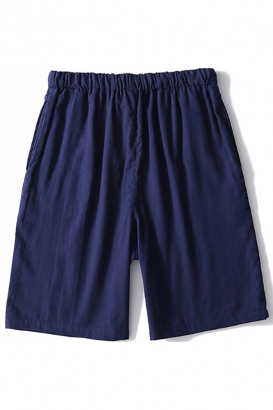 Leisure Men's Shorts Solid Color Two-Pocket Styling Drawstring Rise Straight Shorts