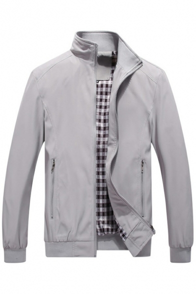 Leisure Mens Jacket Plain Zipper Long Sleeves Stand Collar Regular Fit Jacket