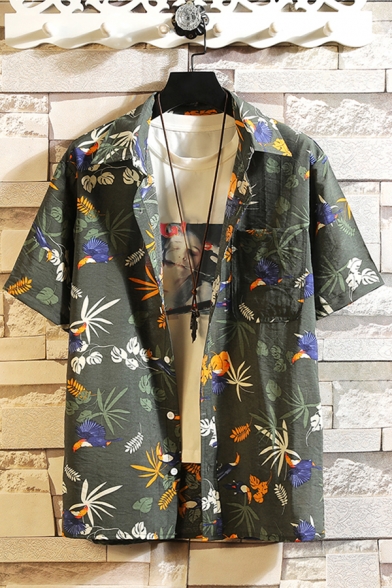 Leisure Shirt Tropical Leaf Pattern Button Detailed Short Sleeve Lapel Loose Shirt for Men