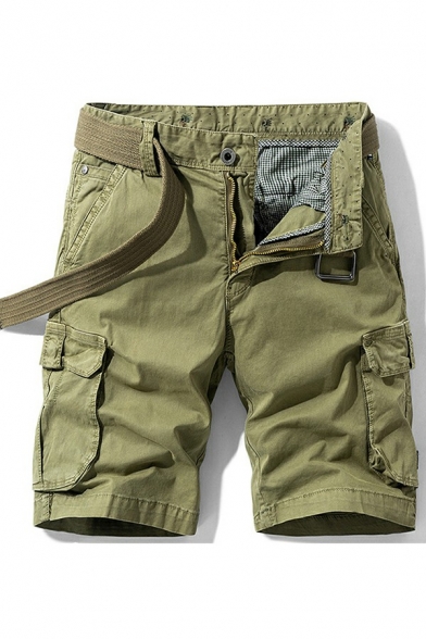 Men Casual Cargo Shorts Pure Color Zip Closure Flap Pockets Mid Rise Knee Length Fitted Shorts