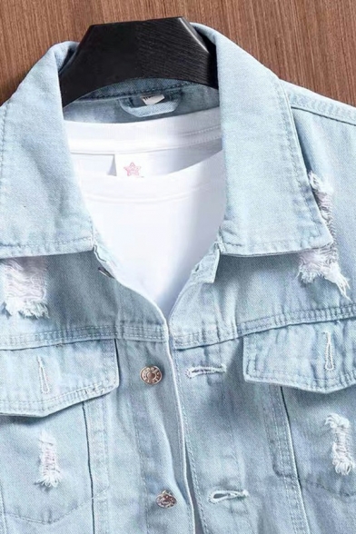 Men Casual Denim Jacket Plain Distressed Long-Sleeved Lapel Button up Regular Fit Jacket in Light Blue