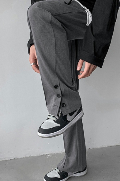 Men Casual Pants Plain Slit Detailed Top stitching Button Pocket Decorated Mid-Rise Fitted Suit Pants